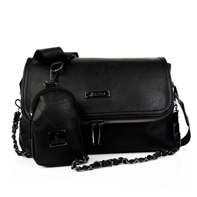 شنطة كروس جلد إيطالي مستورد أسود بدرعين (ستان + سلسلة) مع بوك صغير مقاس 30×20